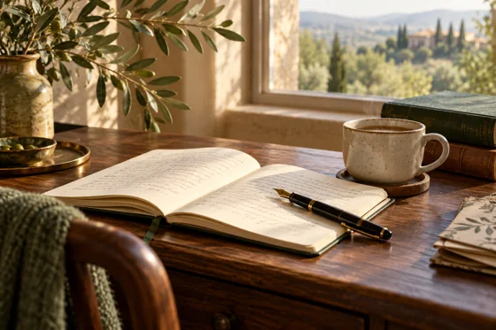 Open notebook, fountain pen, and coffee in a quiet writing space