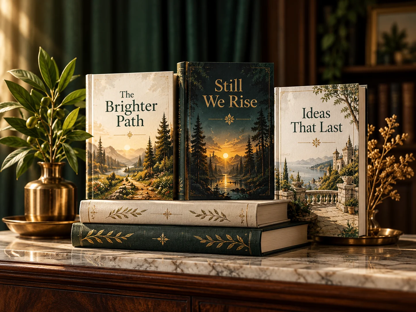 Decorative books and olive foliage in a warm library setting