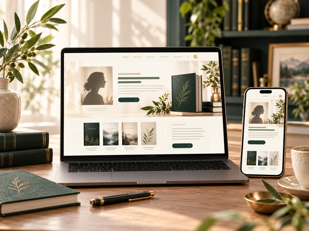 Decorative author websites workspace in ivory, forest green, and gold